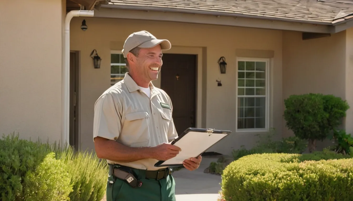 A friendly pest provider talking with a homeowner at a stucco home in Palo Alto